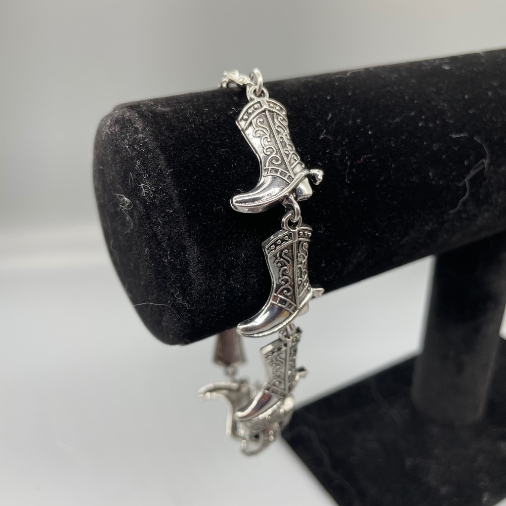 Vintage Western Cowboy Boot Charm Bracelet Silver Tone Adjustable Jewelry